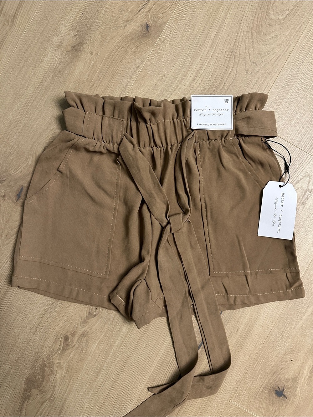 Together High-Waist Paperbag Shorts in Tan